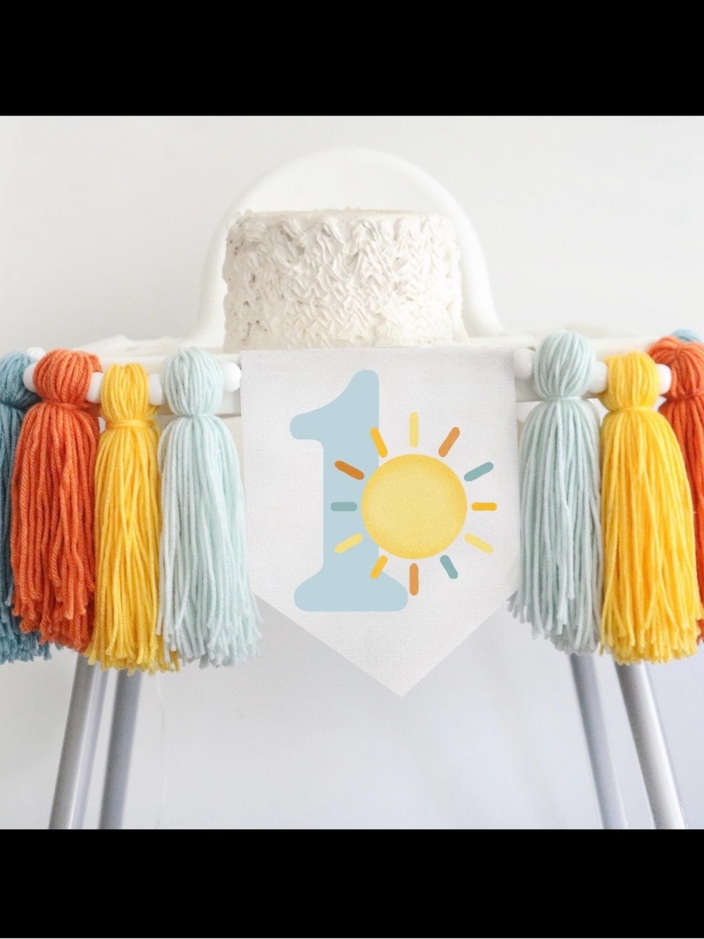 First Birthday Tassel Banner with Sun & Number 1 - Pastel Blue, Yellow, Orange